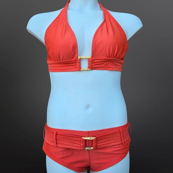 Vintage 90s Y2K Boyshorts Halter Bikini Size 12 Orange Belted Bamboo Buckle - Picture 1 of 10
